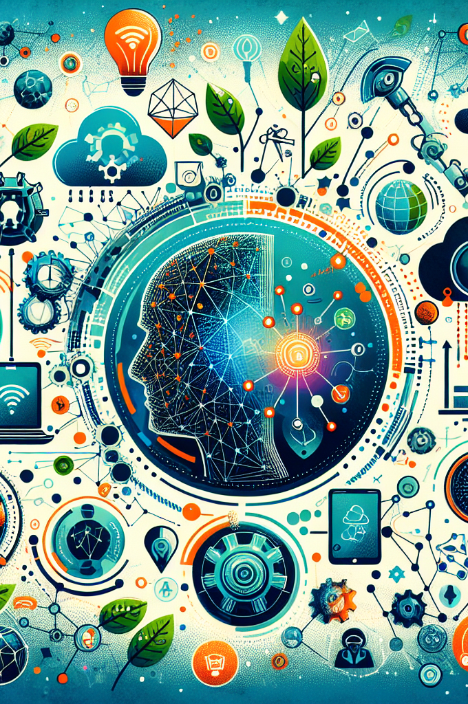 A digital illustration of a human head with various elements surrounding it, dealing with concepts of sustainable business operations and innovation.
