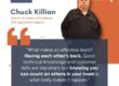 Graphic depicting an employee spotlight graphic featuring a man named Chuck Killian with white hair and black clothing. A quote about team effectiveness is superimposed, as well as various other design elements.