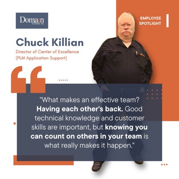 Graphic depicting an employee spotlight graphic featuring a man named Chuck Killian with white hair and black clothing. A quote about team effectiveness is superimposed, as well as various other design elements.