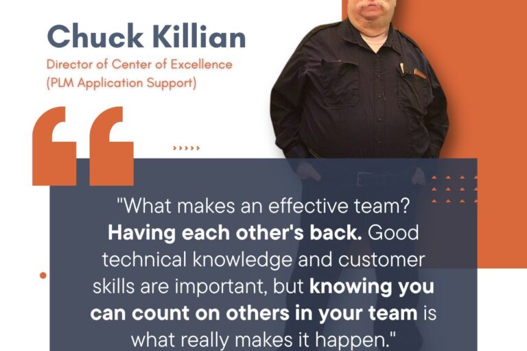 Graphic depicting an employee spotlight graphic featuring a man named Chuck Killian with white hair and black clothing. A quote about team effectiveness is superimposed, as well as various other design elements.