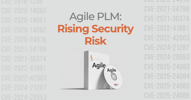 Agile PLM box with “Rising Security Risk” headline and CVE list in background.