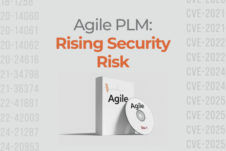Agile PLM box with &ldquo;Rising Security Risk&rdquo; headline and CVE list in background.