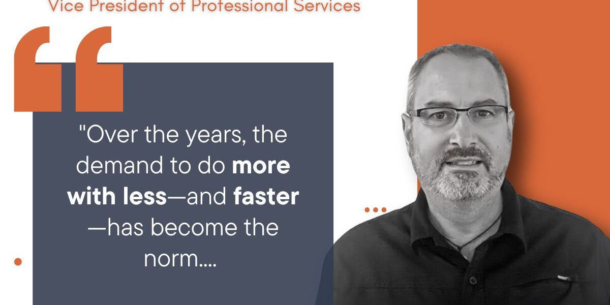 Graphic depicting an employee spotlight graphic featuring a man named Jeff Nichols with short hair and black clothing. A quote about PLM importance is superimposed, as well as various other design elements.