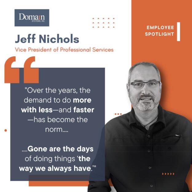 Graphic depicting an employee spotlight graphic featuring a man named Jeff Nichols with short hair and black clothing. A quote about PLM importance is superimposed, as well as various other design elements.