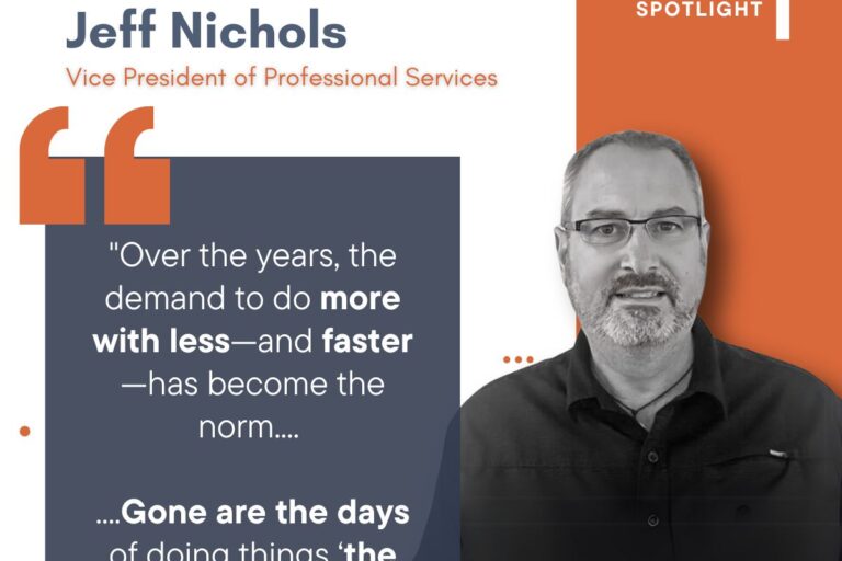 Graphic depicting an employee spotlight graphic featuring a man named Jeff Nichols with short hair and black clothing. A quote about PLM importance is superimposed, as well as various other design elements.