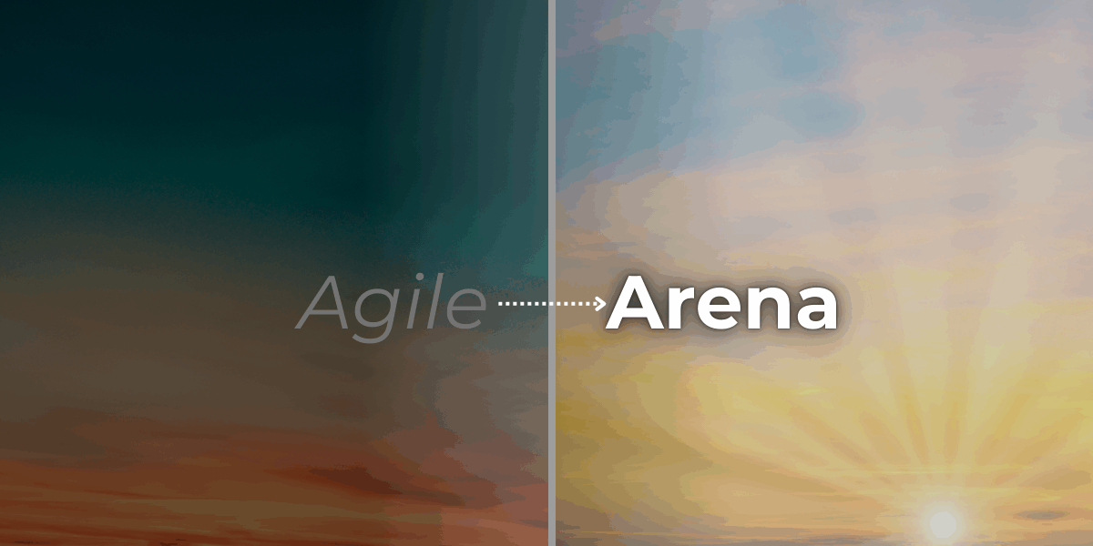 Agile PLM sunset transitioning into Arena PLM sunrise with arrow symbolizing migration