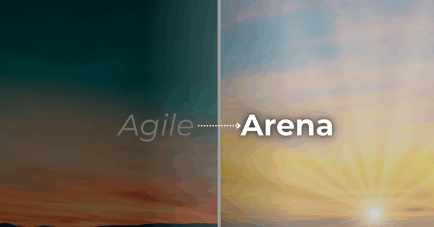Agile PLM sunset transitioning into Arena PLM sunrise with arrow symbolizing migration