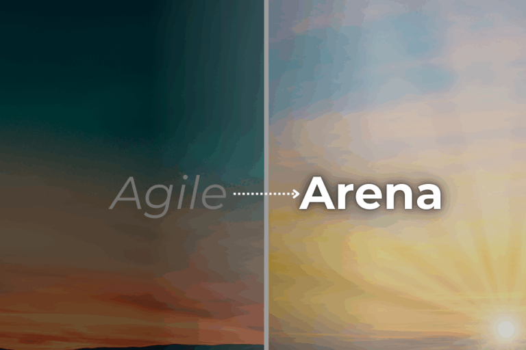 Agile PLM sunset transitioning into Arena PLM sunrise with arrow symbolizing migration