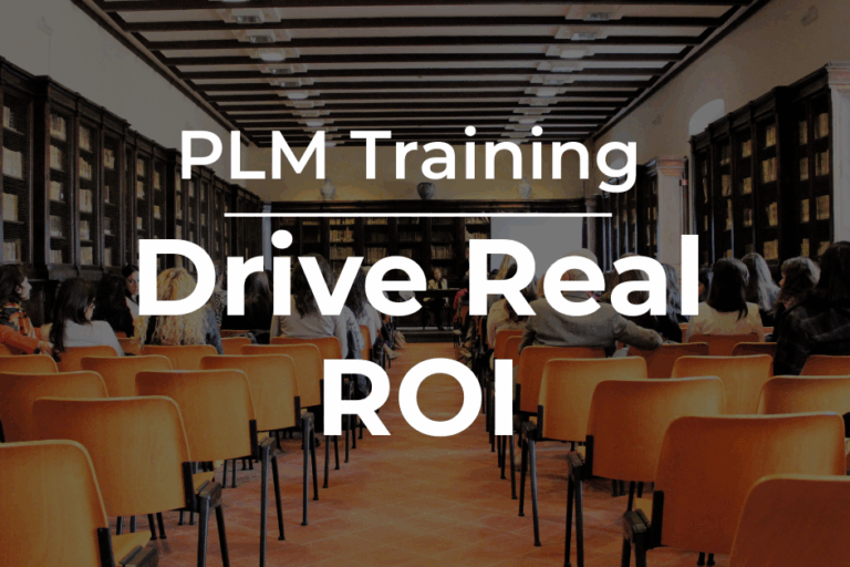 People seated in a training room with the text "PLM Training" and "ROI" overlaid, representing the value of hands-on learning in PLM environments.