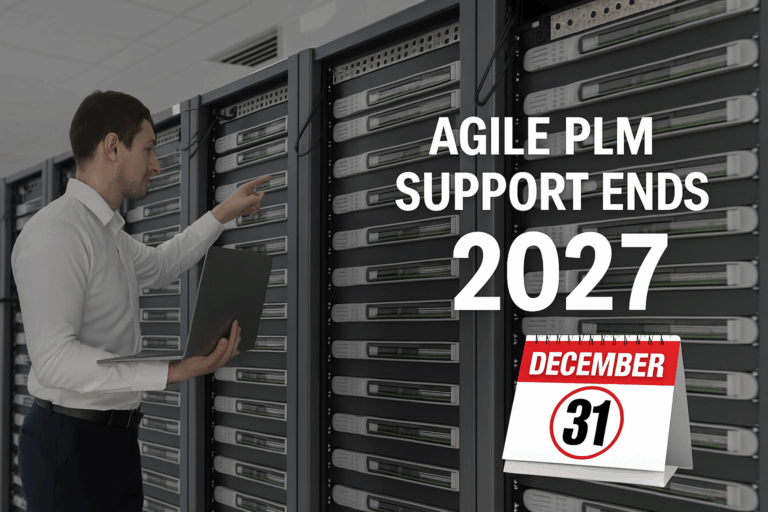 Data center with servers and a calendar highlighting December 31, 2027, symbolizing the end of Oracle Agile PLM support.