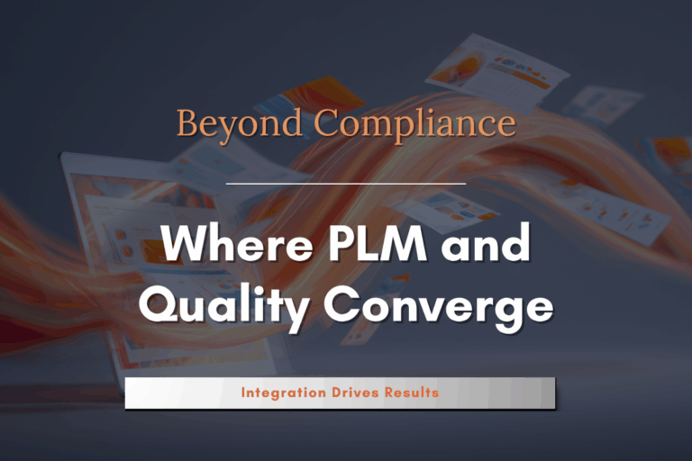 Abstract laptop with flowing data charts symbolizing the connection between PLM and QMS systems. Text reads &lsquo;Beyond Compliance &ndash; Where PLM and Quality Converge. Integration Drives Results.