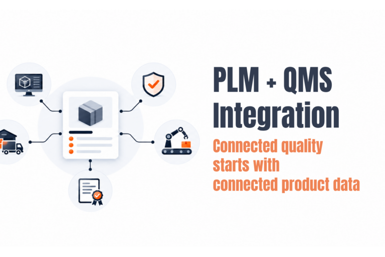Diagram showing PLM and QMS integration connecting engineering, quality, manufacturing, suppliers, and compliance through a shared product record.