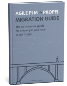 3D book mockup of Domain Systems’ Agile PLM to Propel Migration Guide with a bridge graphic on the cover.