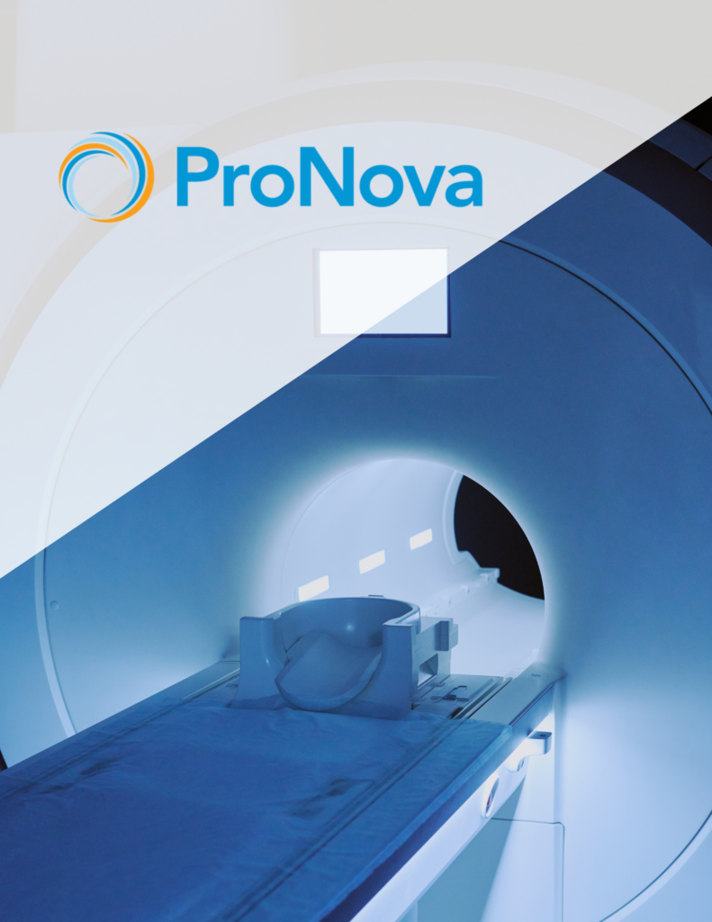 Pronova graphic - medical imaging technology Pronova proton therapy imaging bed and glowing tunnel - innovative medical imaging case study and technology showcase.