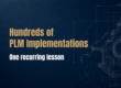 Blueprint-style illustration representing PLM implementation planning with the message "Hundreds of PLM Implementations. One recurring lesson."
