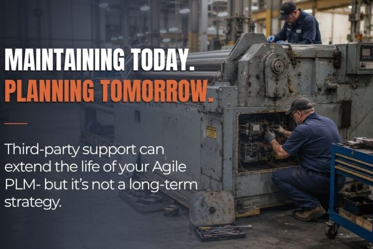 Two industrial technicians servicing a large manufacturing machine, representing long-term maintenance and legacy Agile PLM support.