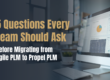 Featured image for a blog titled “5 Questions Every Team Should Ask Before Migrating from Agile PLM to Propel PLM,” shown over a product analytics dashboard.