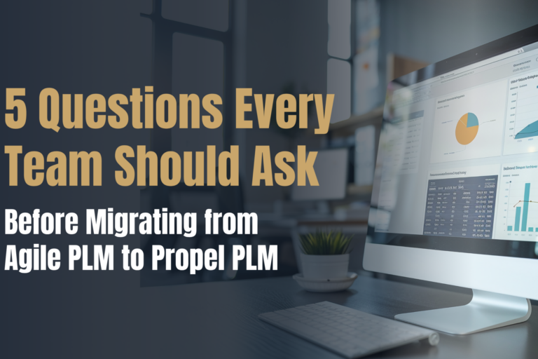Featured image for a blog titled &ldquo;5 Questions Every Team Should Ask Before Migrating from Agile PLM to Propel PLM,&rdquo; shown over a product analytics dashboard.